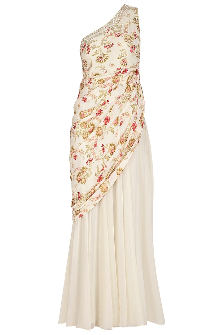 Cream Printed & Embroidered Saree Gown by Chhavvi Aggarwal