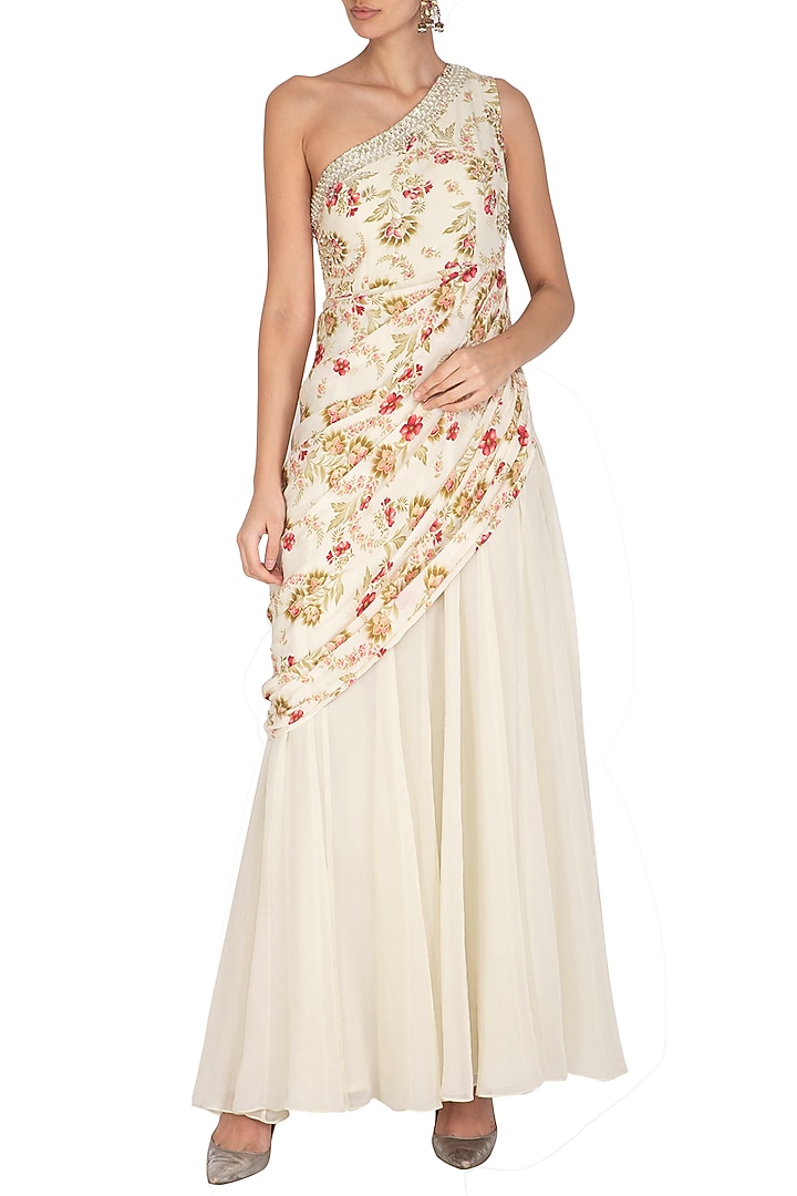 Cream Printed & Embroidered Wedding Saree Gown by Chhavvi Aggarwal at Pernia's Pop Up Shop