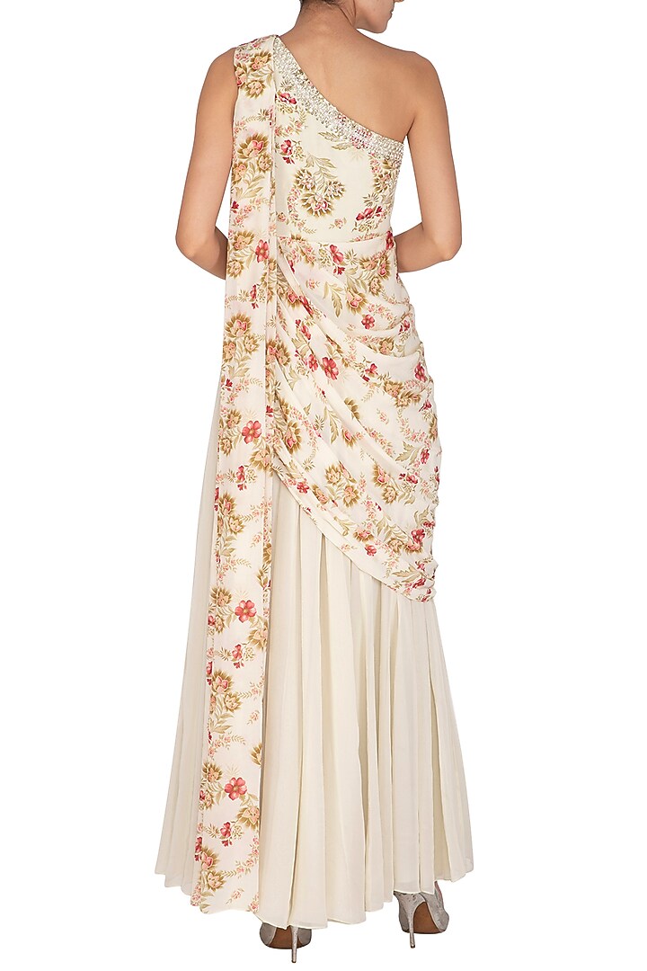 Cream Printed & Embroidered Wedding Saree Gown by Chhavvi Aggarwal at Pernia's Pop Up Shop