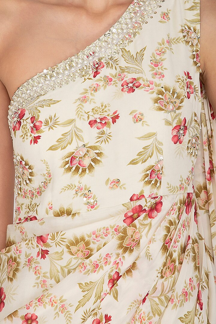 Cream Printed & Embroidered Wedding Saree Gown by Chhavvi Aggarwal at Pernia's Pop Up Shop