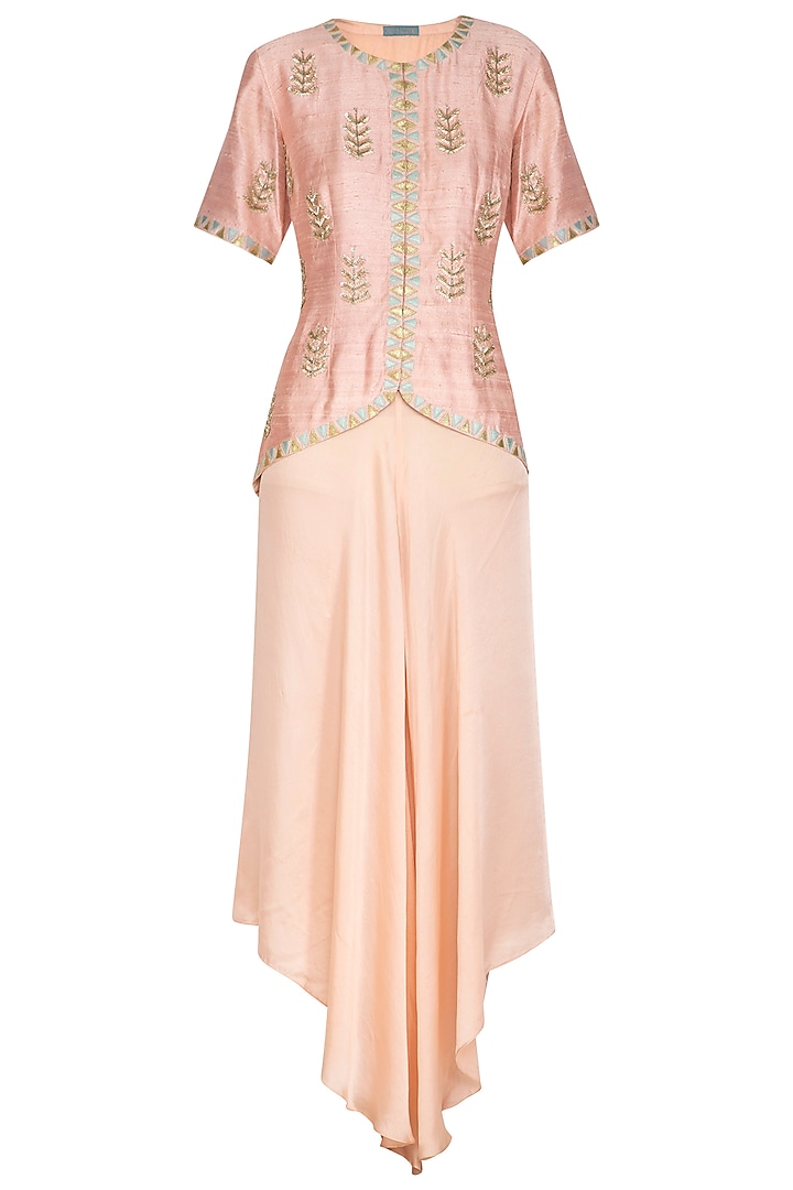 Pink Embroidered Jacket With Flared Pants by Chhavvi Aggarwal