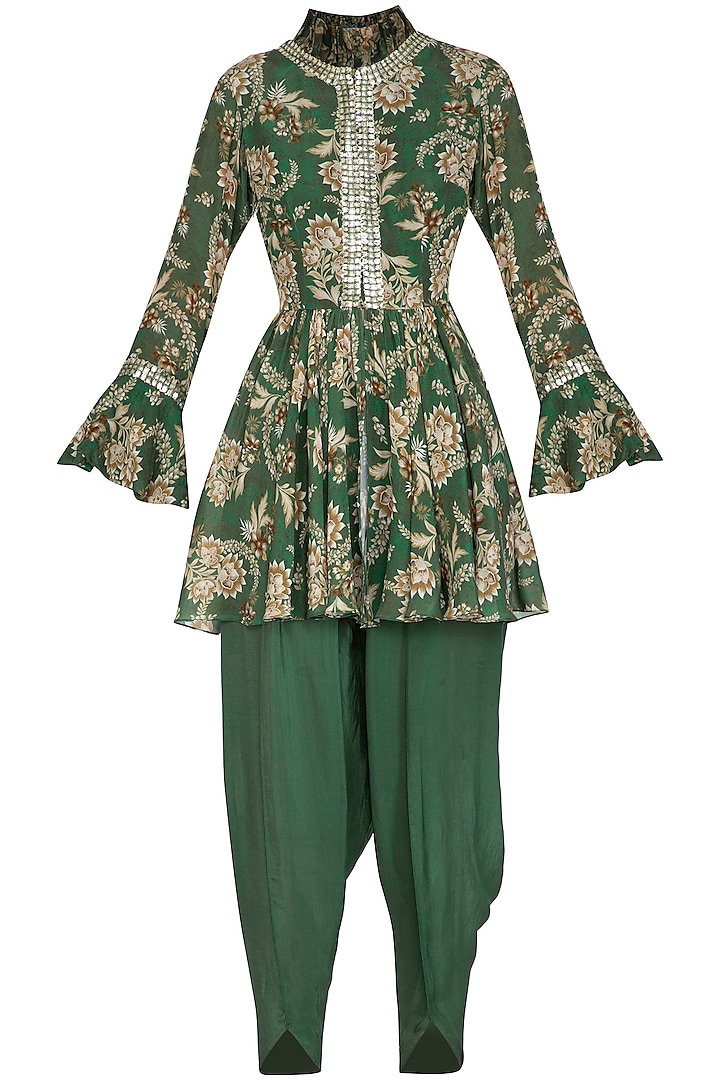 Green Printed & Embroidered Jacket With Dhoti Pants by Chhavvi Aggarwal
