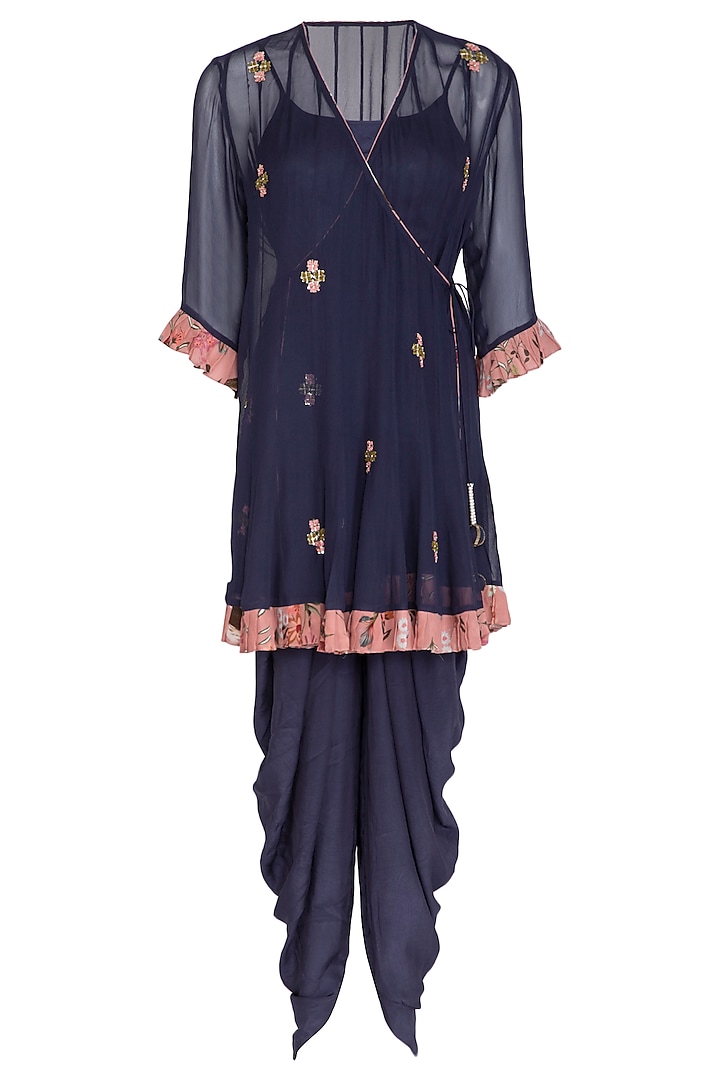 Navy Blue Crepe Dhoti Set by Chhavvi Aggarwal