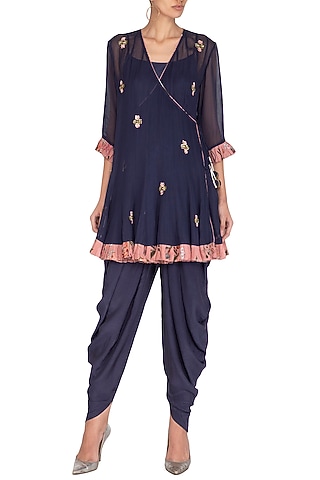 Navy Blue Crepe Dhoti Set by Chhavvi Aggarwal