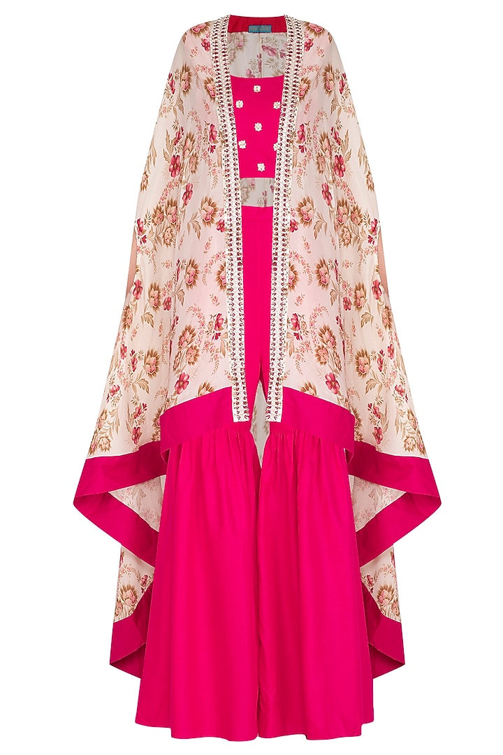 Pink Crop Top & Gharara Pants With Printed Cape by Chhavvi Aggarwal at Pernia's Pop Up Shop