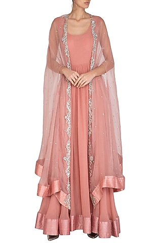 Pink Anarkali Gown With Embroidered Cape by Chhavvi Aggarwal