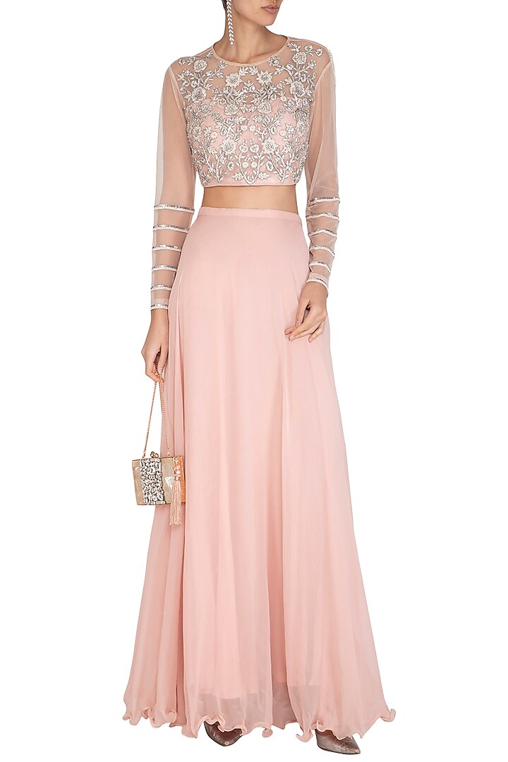 Pink Embroidered Crop Top & Skirt by Chhavvi Aggarwal at Pernia's Pop Up Shop