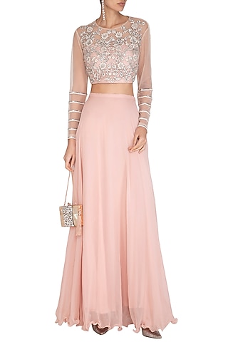 Pink Embroidered Crop Top & Skirt by Chhavvi Aggarwal
