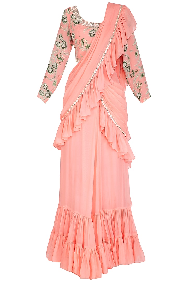 Peach Embroidered Saree Set by Chhavvi Aggarwal