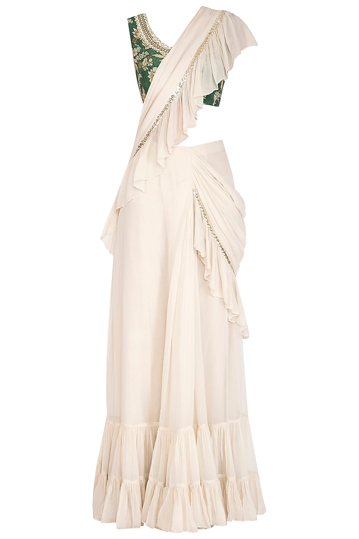 Cream Crepe & Georgette Frilled Wedding Saree Set by Chhavvi Aggarwal at Pernia's Pop Up Shop