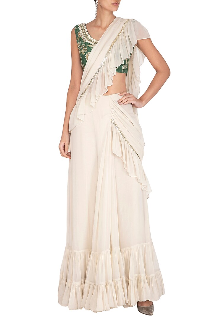 Cream Crepe & Georgette Frilled Wedding Saree Set by Chhavvi Aggarwal at Pernia's Pop Up Shop