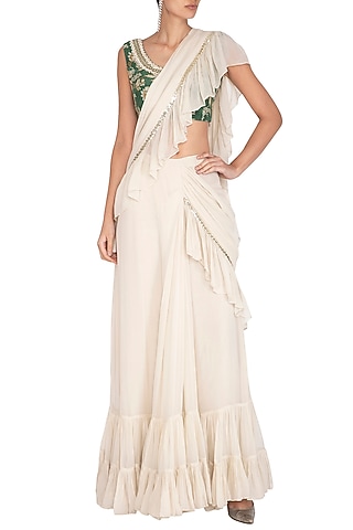 Cream Crepe & Georgette Frilled Saree Set by Chhavvi Aggarwal