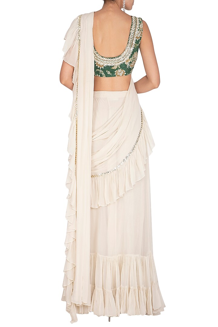 Cream Crepe & Georgette Frilled Wedding Saree Set by Chhavvi Aggarwal at Pernia's Pop Up Shop