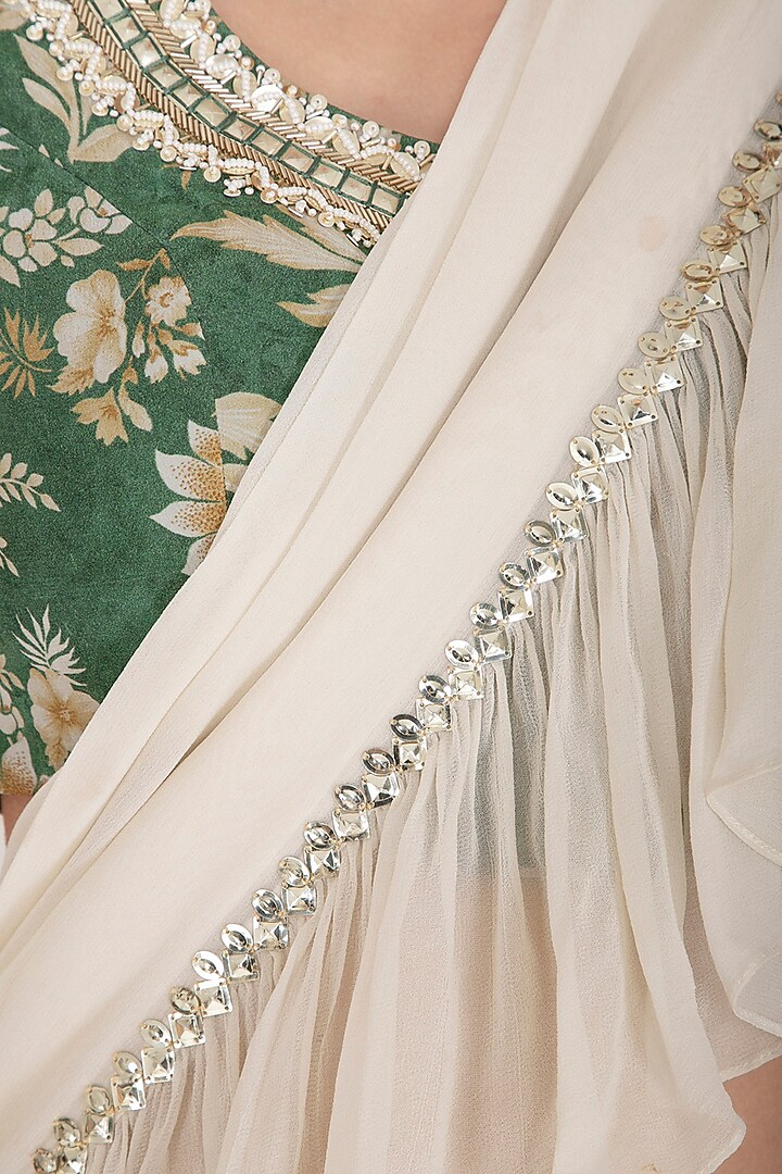 Cream Crepe & Georgette Frilled Wedding Saree Set by Chhavvi Aggarwal at Pernia's Pop Up Shop