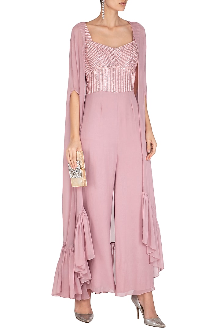 Lavender Embroidered Jumpsuit With Cape by Chhavvi Aggarwal at Pernia's Pop Up Shop