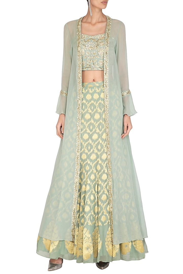 Sage Green Banarasi Jacket Wedding Lehenga Set by Chhavvi Aggarwal at Pernia's Pop Up Shop