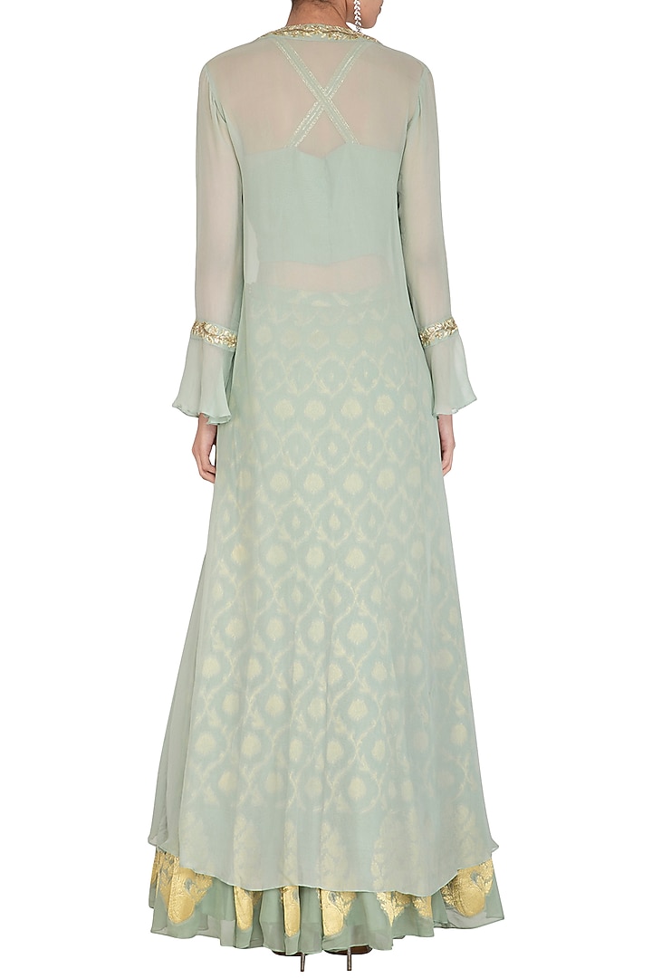 Sage Green Banarasi Jacket Wedding Lehenga Set by Chhavvi Aggarwal at Pernia's Pop Up Shop