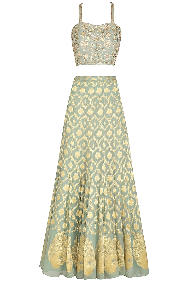 Sage Green Banarasi Jacket Wedding Lehenga Set by Chhavvi Aggarwal at Pernia's Pop Up Shop