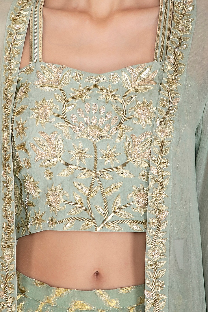 Sage Green Banarasi Jacket Wedding Lehenga Set by Chhavvi Aggarwal at Pernia's Pop Up Shop