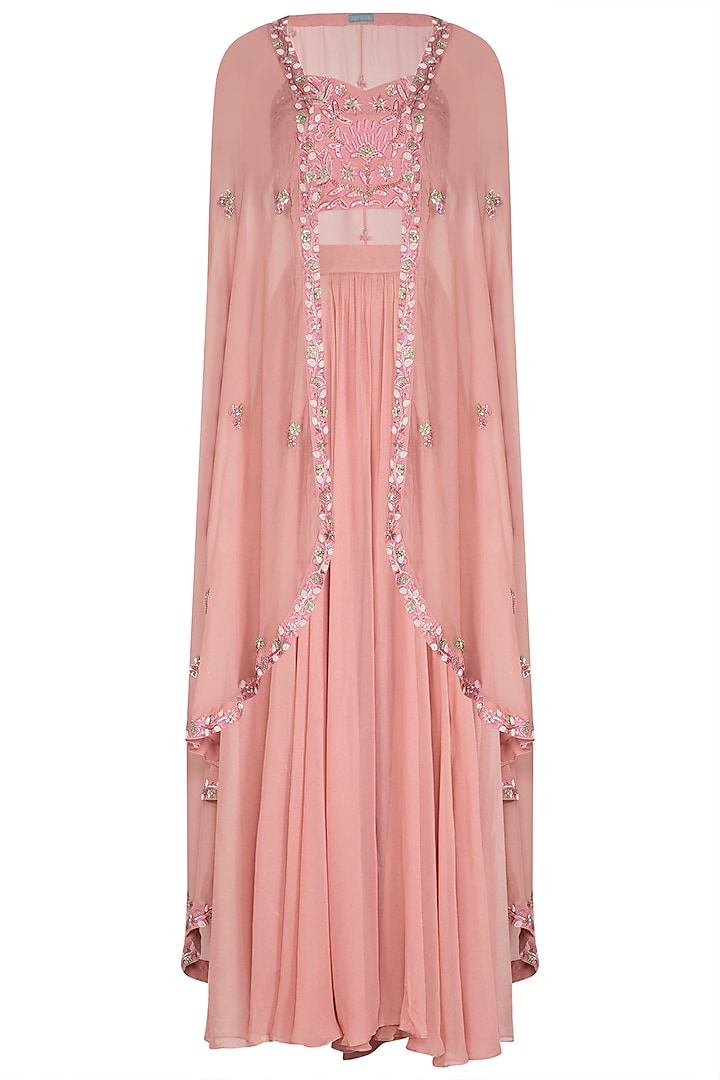 Pink Embroidered Blouse With Palazzo Pants & Cape by Chhavvi Aggarwal