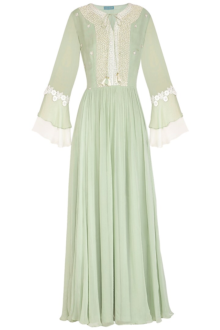 Mint Green Embroidered Party Wear Gown by Chhavvi Aggarwal at Pernia's Pop Up Shop
