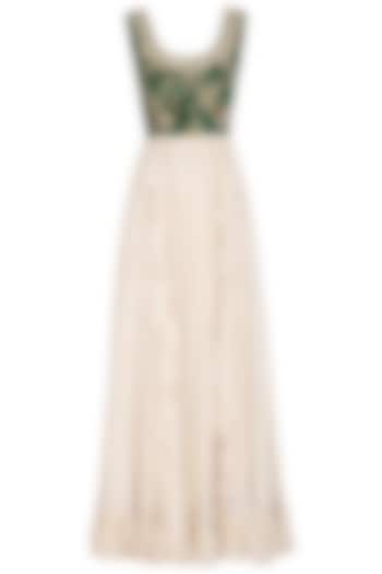 Green & Cream Printed Embroidered Anarkali Gown by Chhavvi Aggarwal