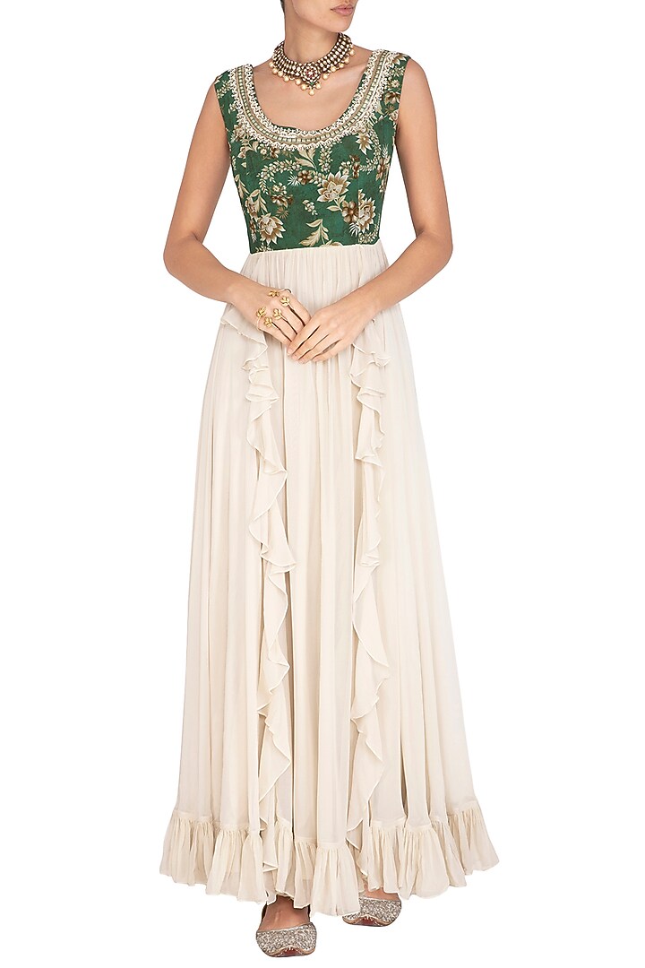 Green & Cream Printed Embroidered Party Wear Anarkali Gown by Chhavvi Aggarwal at Pernia's Pop Up Shop