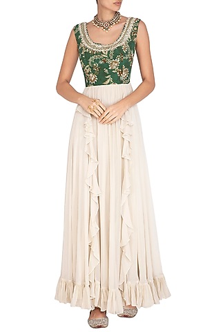 Green & Cream Printed Embroidered Anarkali Gown by Chhavvi Aggarwal