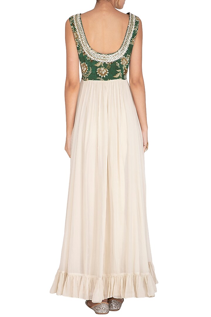 Green & Cream Printed Embroidered Party Wear Anarkali Gown by Chhavvi Aggarwal at Pernia's Pop Up Shop