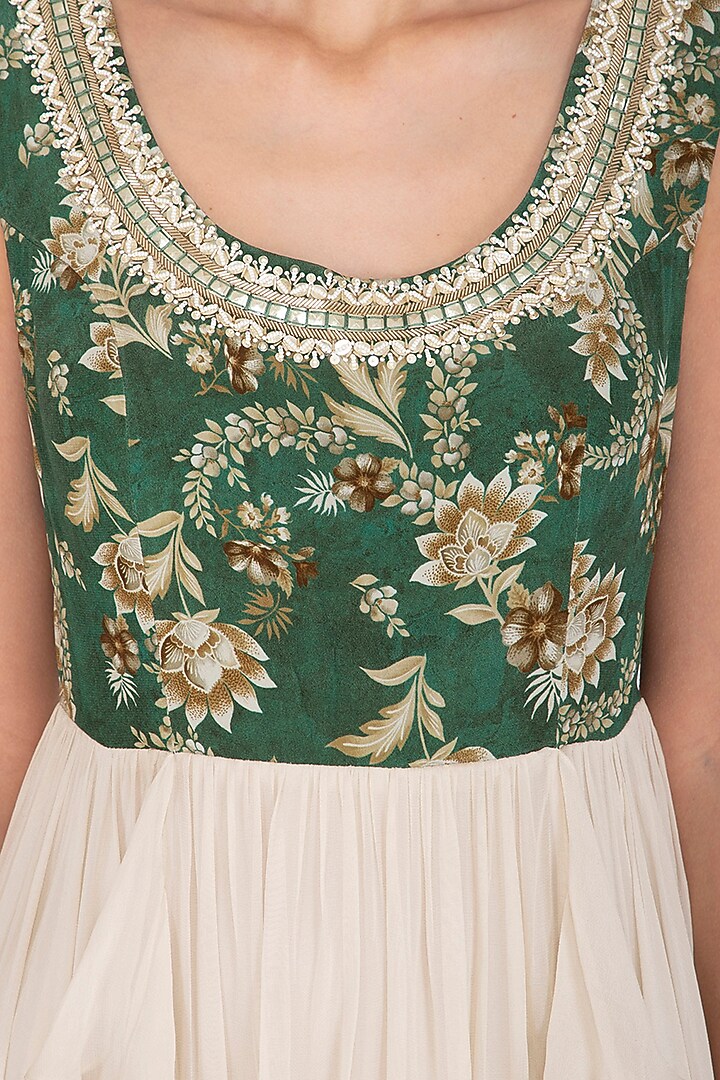 Green & Cream Printed Embroidered Party Wear Anarkali Gown by Chhavvi Aggarwal at Pernia's Pop Up Shop