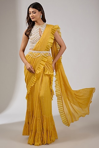 Yellow Lurex Georgette & Net Pre-Draped Saree Set by Chhavvi Aggarwal
