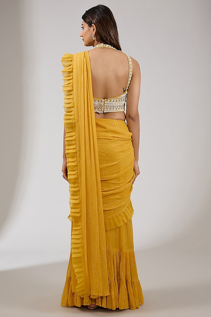Yellow Lurex Georgette & Net Pre-Draped Wedding Saree Set by Chhavvi Aggarwal at Pernia's Pop Up Shop