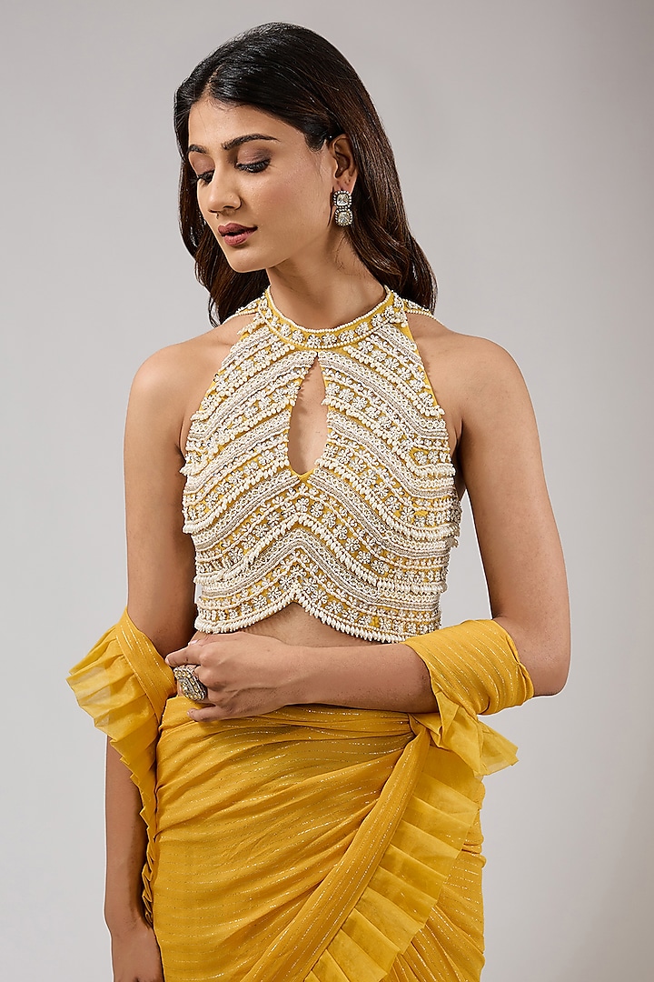 Yellow Lurex Georgette & Net Pre-Draped Wedding Saree Set by Chhavvi Aggarwal at Pernia's Pop Up Shop