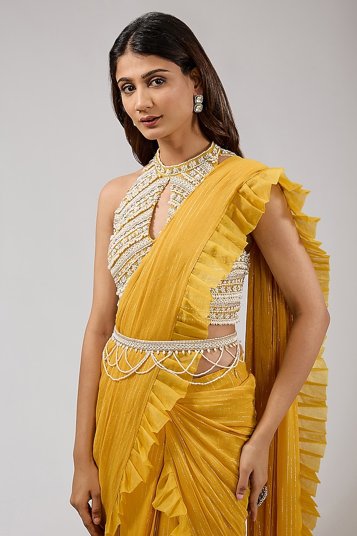 Yellow Lurex Georgette & Net Pre-Draped Wedding Saree Set by Chhavvi Aggarwal at Pernia's Pop Up Shop