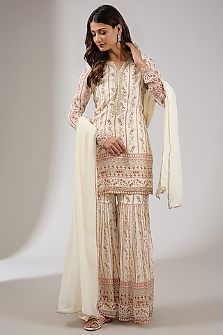 Ivory Georgette Printed Sharara Set by Chhavvi Aggarwal