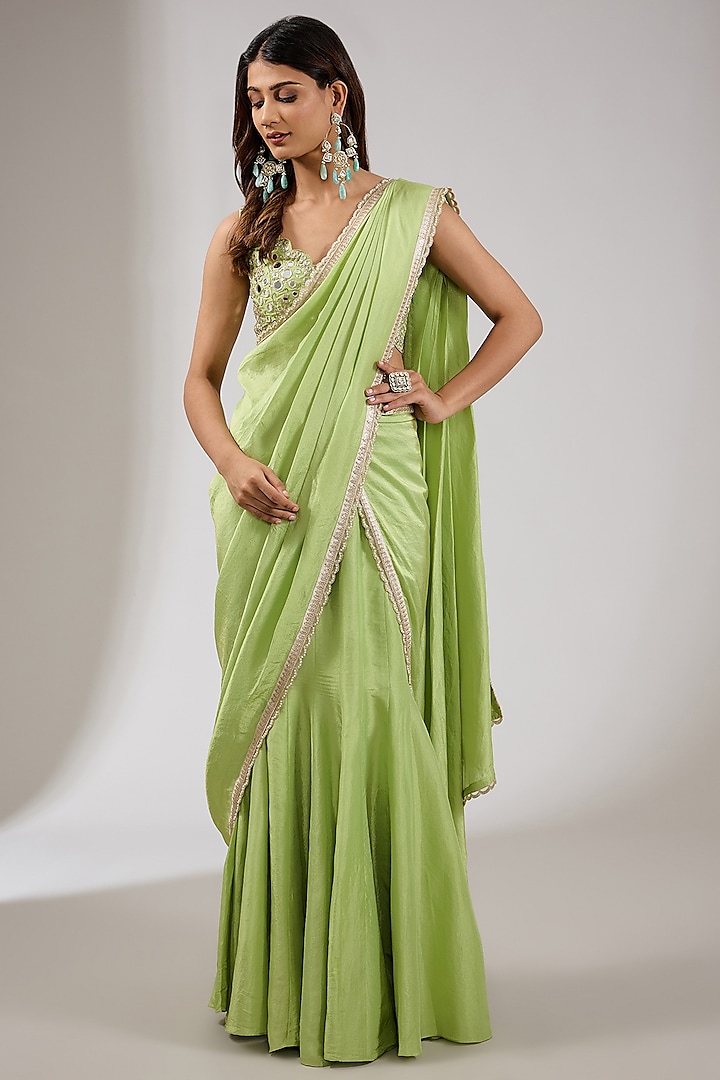 Green Tissue Lehenga Saree Set by Chhavvi Aggarwal at Pernia's Pop Up Shop