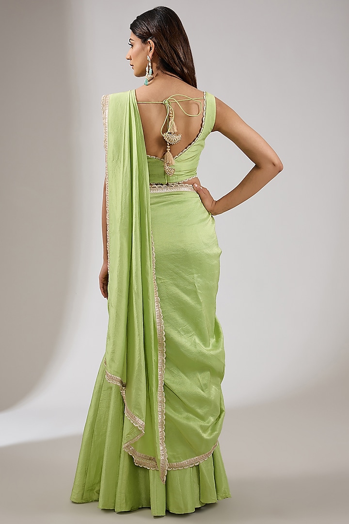 Green Tissue Wedding Lehenga Saree Set by Chhavvi Aggarwal at Pernia's Pop Up Shop