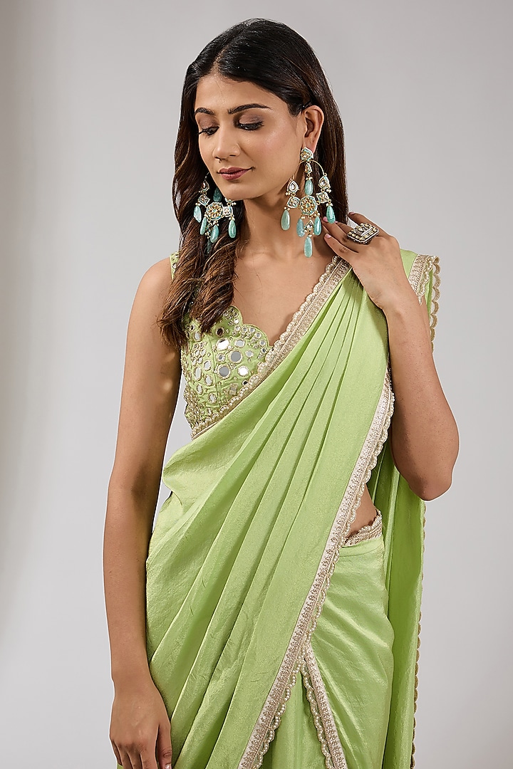 Green Tissue Wedding Lehenga Saree Set by Chhavvi Aggarwal at Pernia's Pop Up Shop