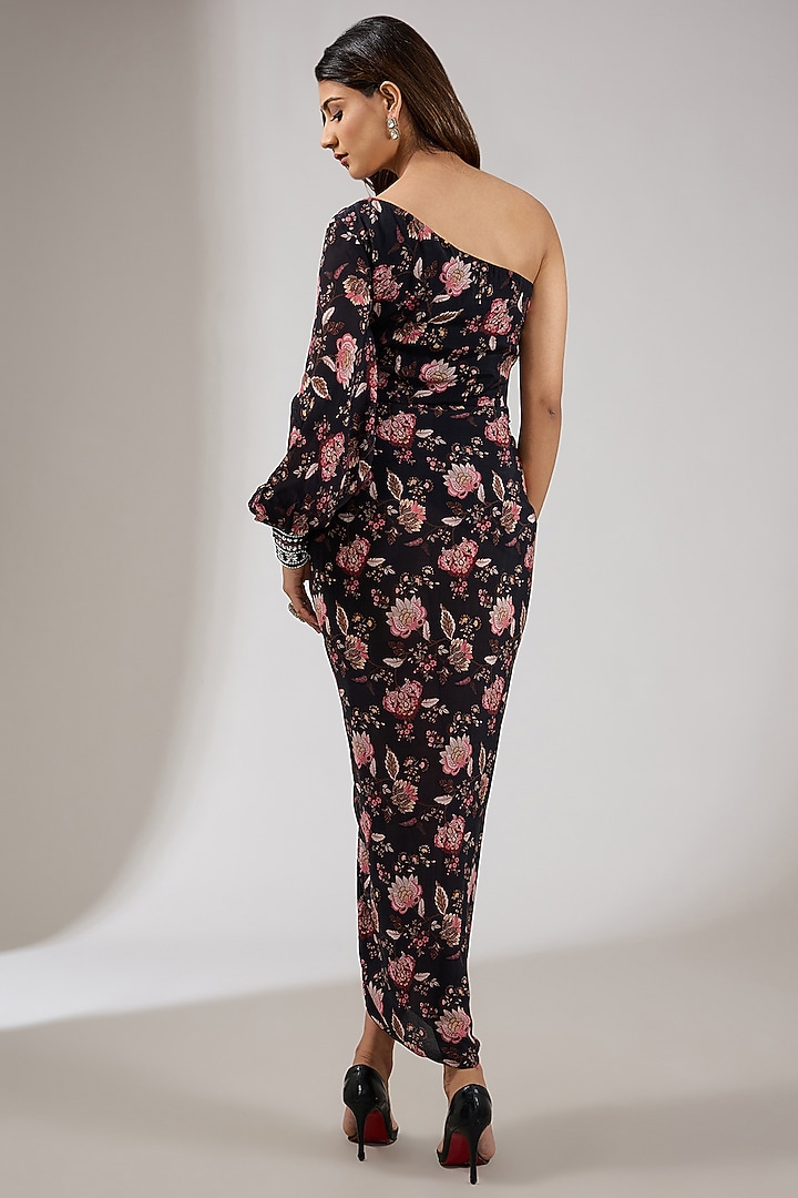 Black Crepe Printed One-Shoulder Draped Vacation Dress by Chhavvi Aggarwal at Pernia's Pop Up Shop