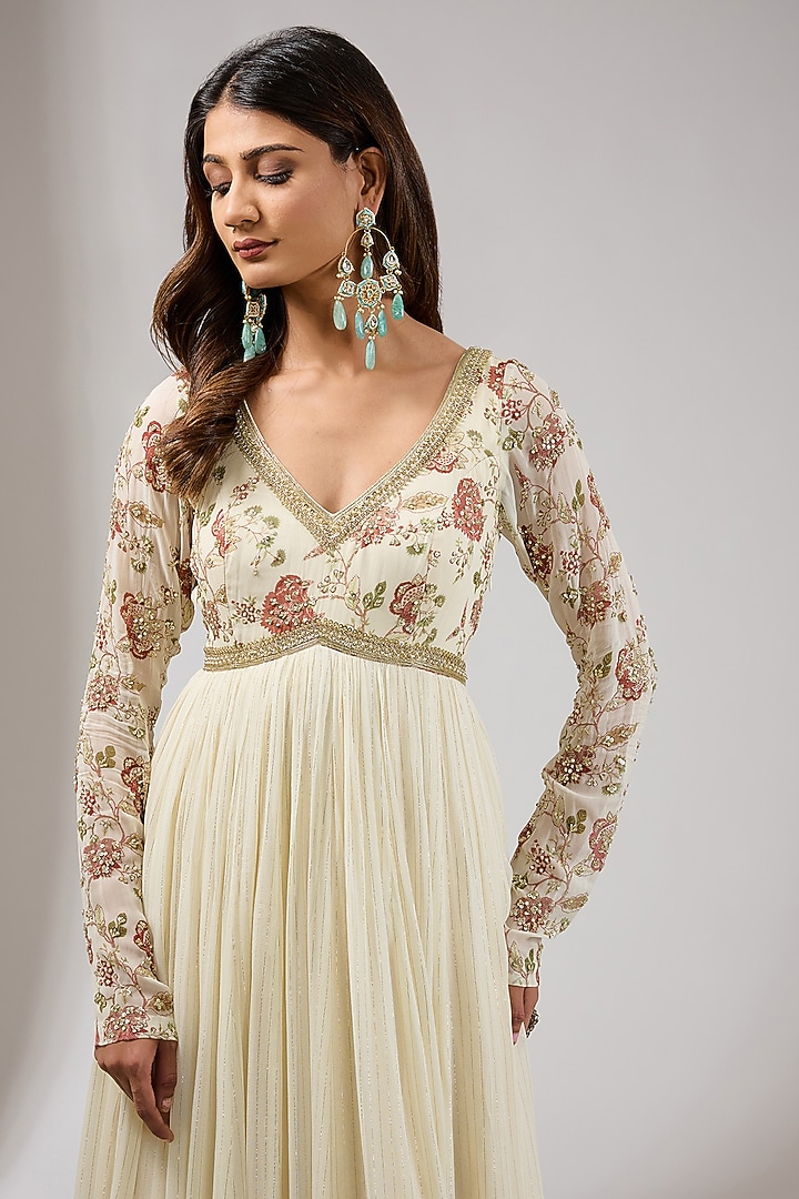 Ivory Georgette Hand Embroidered Wedding Anarkali Set by Chhavvi Aggarwal at Pernia's Pop Up Shop