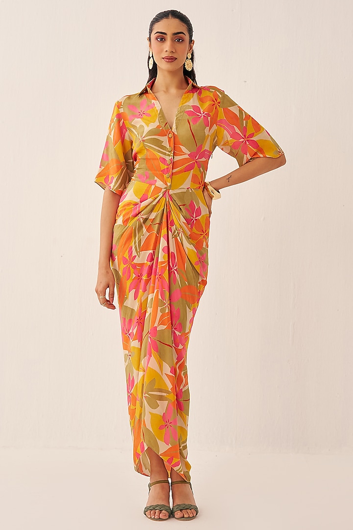 Orange Crepe Printed Shirt Vacation Dress by Chhavvi Aggarwal at Pernia's Pop Up Shop