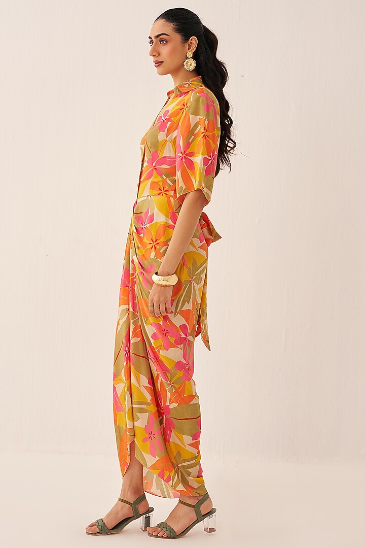 Orange Crepe Printed Shirt Vacation Dress by Chhavvi Aggarwal at Pernia's Pop Up Shop
