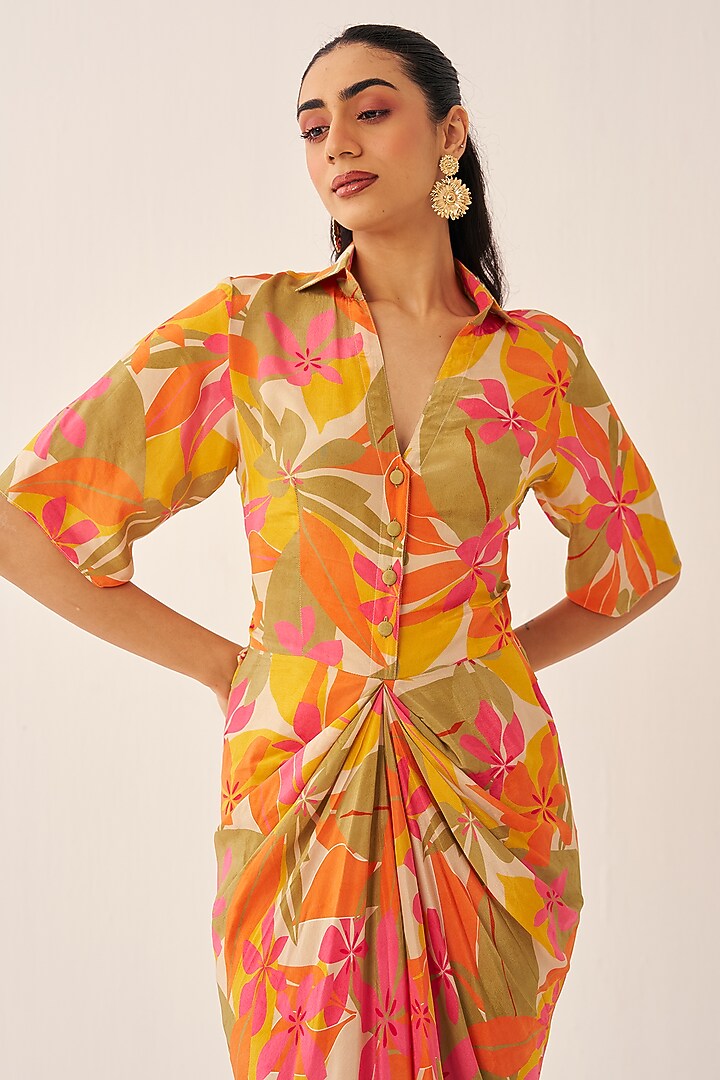 Orange Crepe Printed Shirt Vacation Dress by Chhavvi Aggarwal at Pernia's Pop Up Shop