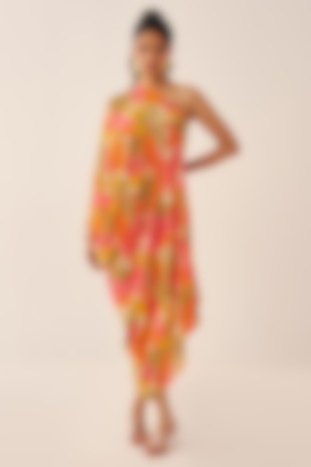 Orange Crepe Printed One-Shoulder Cowl Summer Dress by Chhavvi Aggarwal at Pernia's Pop Up Shop
