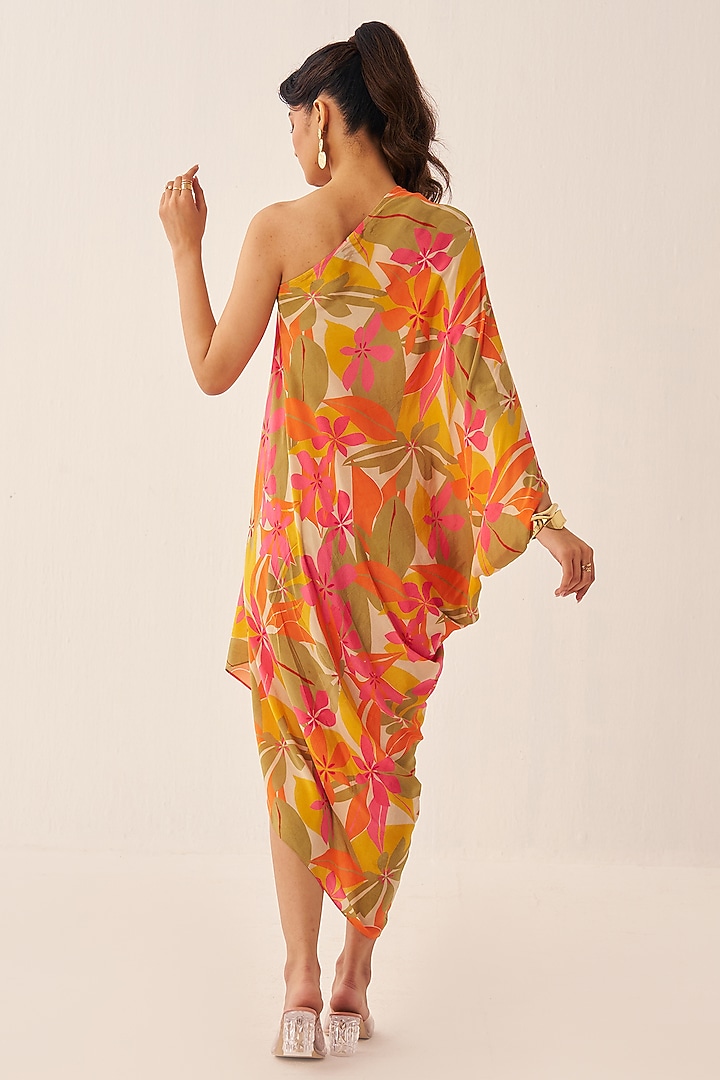 Orange Crepe Printed One-Shoulder Cowl Summer Dress by Chhavvi Aggarwal at Pernia's Pop Up Shop