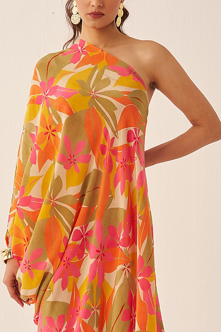 Orange Crepe Printed One-Shoulder Cowl Summer Dress by Chhavvi Aggarwal at Pernia's Pop Up Shop