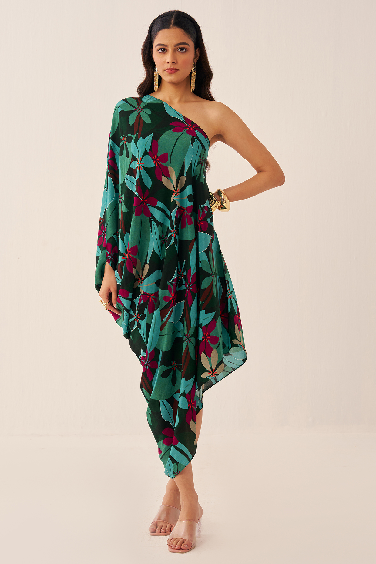 Green Crepe Printed One-Shoulder Cowl Summer Dress by Chhavvi Aggarwal at Pernia's Pop Up Shop
