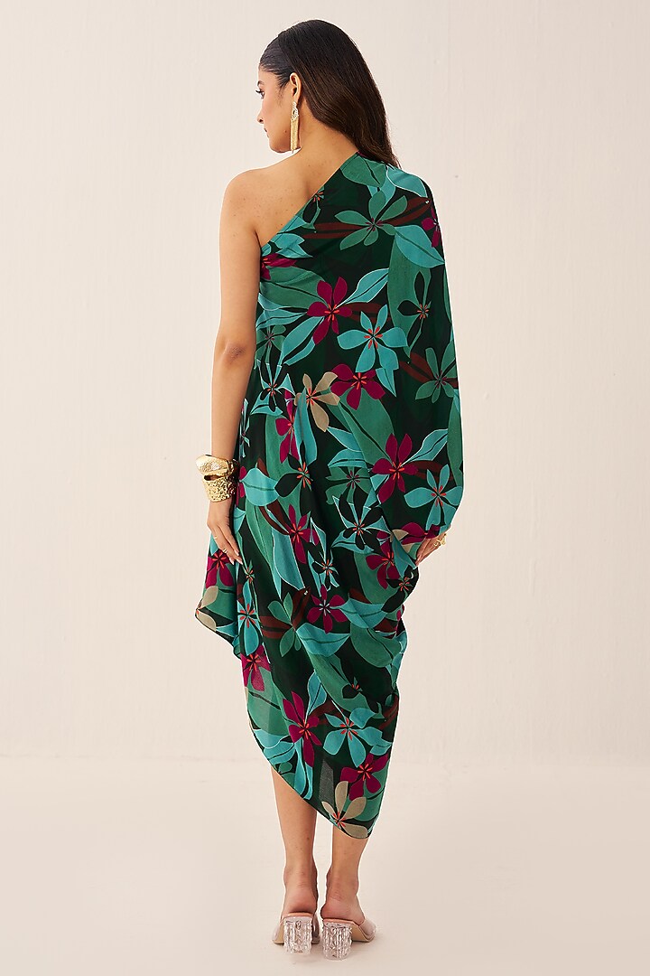 Green Crepe Printed One-Shoulder Cowl Summer Dress by Chhavvi Aggarwal at Pernia's Pop Up Shop