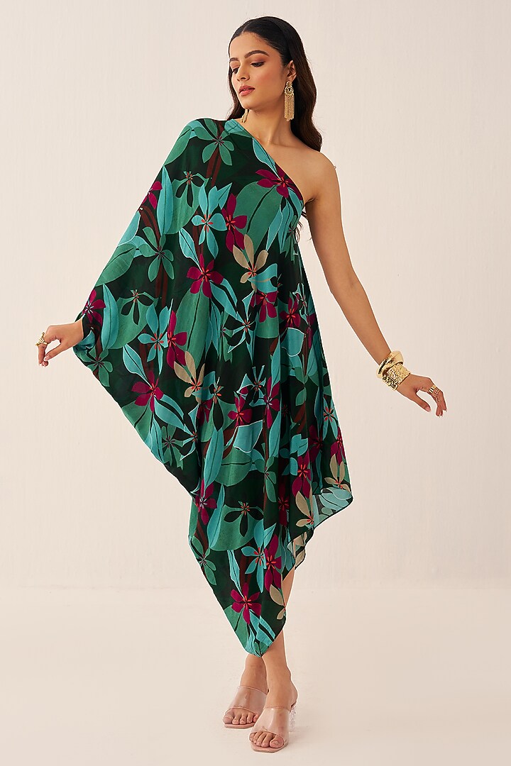 Green Crepe Printed One-Shoulder Cowl Summer Dress by Chhavvi Aggarwal at Pernia's Pop Up Shop
