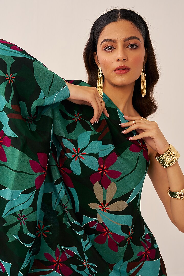 Green Crepe Printed One-Shoulder Cowl Summer Dress by Chhavvi Aggarwal at Pernia's Pop Up Shop